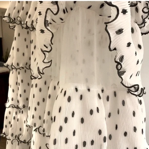 GANNI Lowell Tiered Polka Dot Plisse Beige & Black Midi Dress conservative pleat